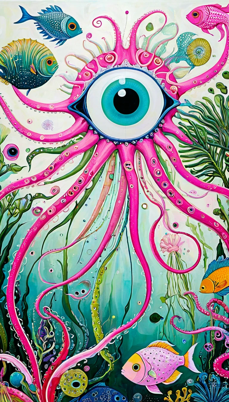 &quot;Dick Ellescas Artist Style&quot;,palm，fish，Tentacles，bird、Eye、diatom，Stitching together an abstract painting，Describing the inner world of autistic people，Sense of space，White Space，interesting，Innocence，Psychedelic Art，Pink theme
