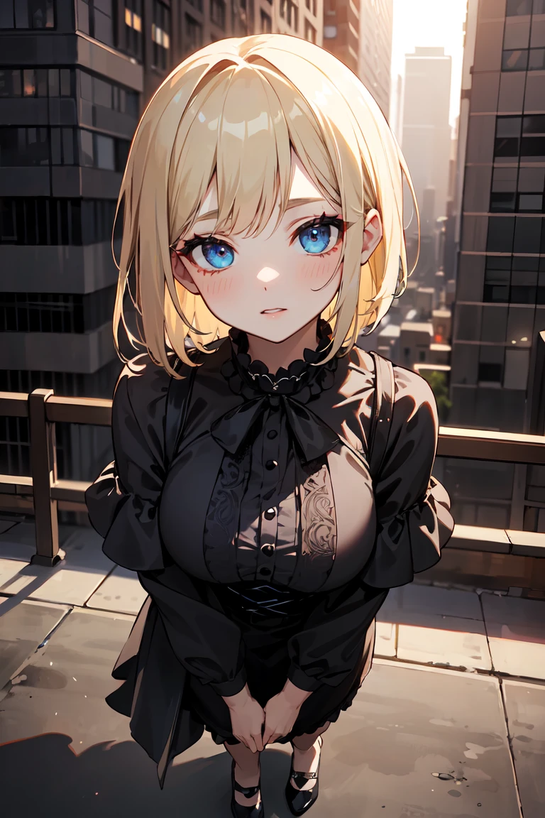 masterpiece, best quality, highly detailed background, perfect lighting, best quality, (extremely detailed face), volumetric lighting, intricate details, shadow, tonemapping, sharp focus, hyper detailed, trending on Artstation, (solo) ((Looking at the viewer)), ((city night background)) .Girl with medium blond hair.  Blue eyes. curvy. Blush, Clear skin.  Big bust. ((black, Goth, casual, clothes)) ((Gothic dressed)). Gothic shoes. ((Gothic makeup))