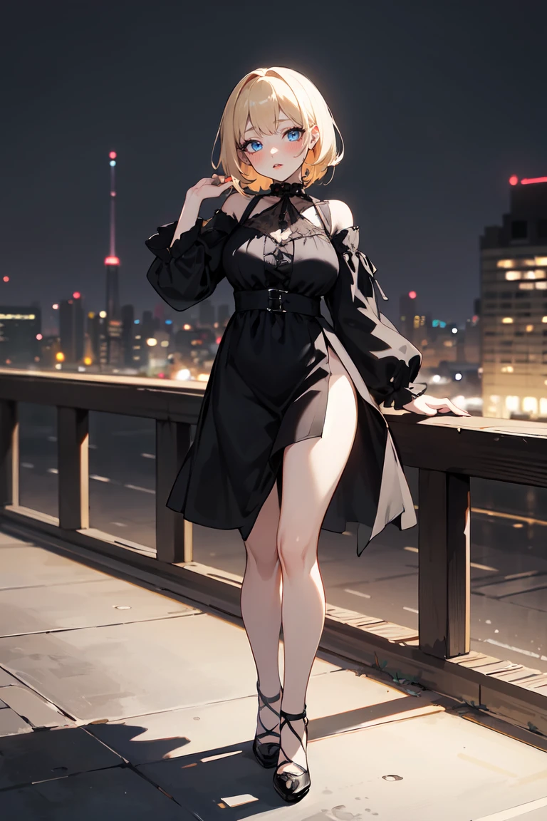 masterpiece, best quality, highly detailed background, perfect lighting, best quality, (extremely detailed face), volumetric lighting, intricate details, shadow, tonemapping, sharp focus, hyper detailed, trending on Artstation, (solo) ((Looking at the viewer)), ((city night background)) .Girl with medium blond hair.  Blue eyes. curvy. Blush, Clear skin.  Big bust. ((black, Goth, casual, clothes)) ((Gothic dressed)). Gothic shoes.