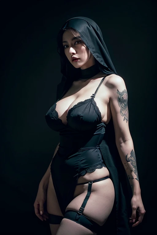 A beautiful oriental goth nun, extremely detailed, detailed tattoos, sensual garter belt and lingerie visible under nun clothes, big breasts, large curvy buttocks, dark gothic atmosphere, dramatic lighting, cinematic, chiaroscuro, moody, somber, rich color palette, dramatic, baroque, award winning, highly detailed, ultra-realistic, 8k, photorealistic, intricate details