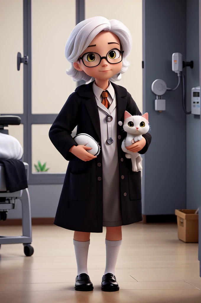 Black cat dressed as a doctor holding a white kitten in a hospital