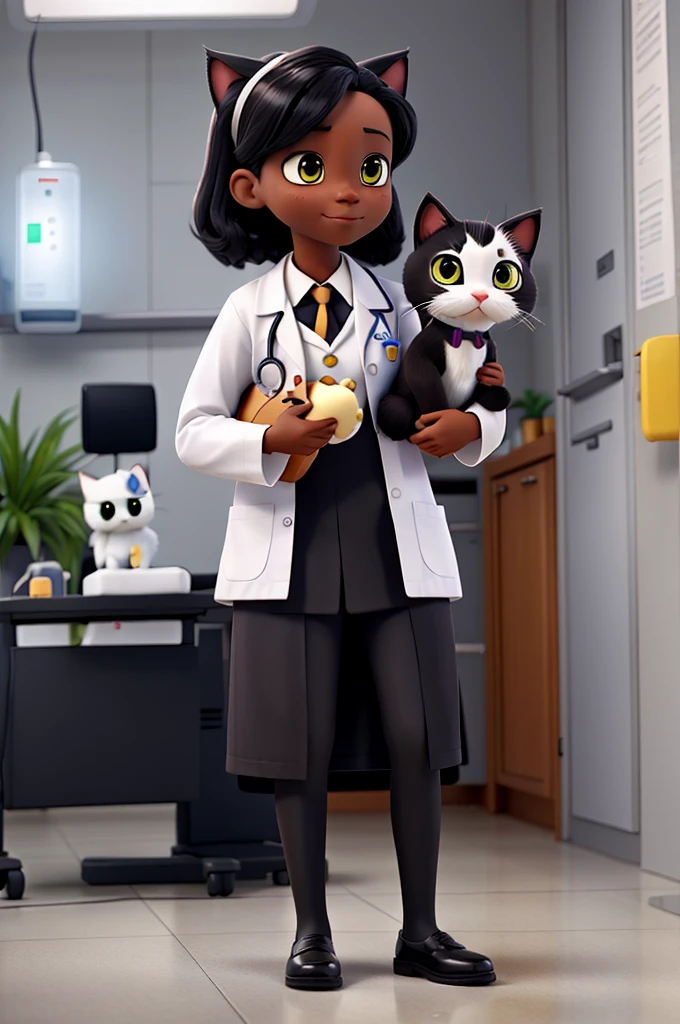 Black cat dressed as a doctor holding a white kitten in a hospital