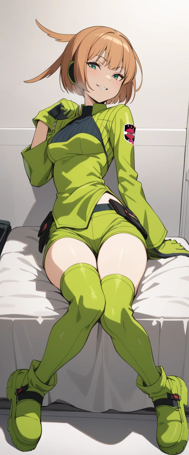 Konami,One girl,smile, View your viewers, Green jacket, gloves, Green micro shorts,Green knee-high boots footwear, masterpiece,Highest quality,