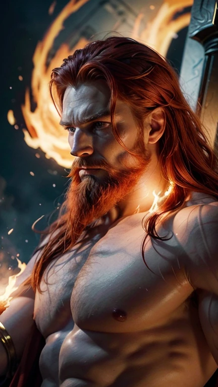 ((Very Detailed))God Thor, strong and tall man, red hair, flame in his eyes, white linen clothes, giant white hammer with golden lines on his shoulders 