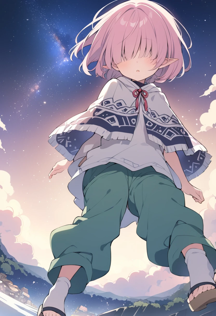 BREAK Perfect Anatomy、(High resolution:1.2)、Incredible illustrations、(Cute illustrations:1.2)、
(Beautiful background,starry skies),from below
1 girl((multicolored pink hair,(bangs over eyes), short hair)1girl((a girl,elf 1.5meters, 25kg,18 years old female,
((tunic,poncho,(loose pants,bloomers),thigh-high socks, sandals),tilting head,look up at the milky way