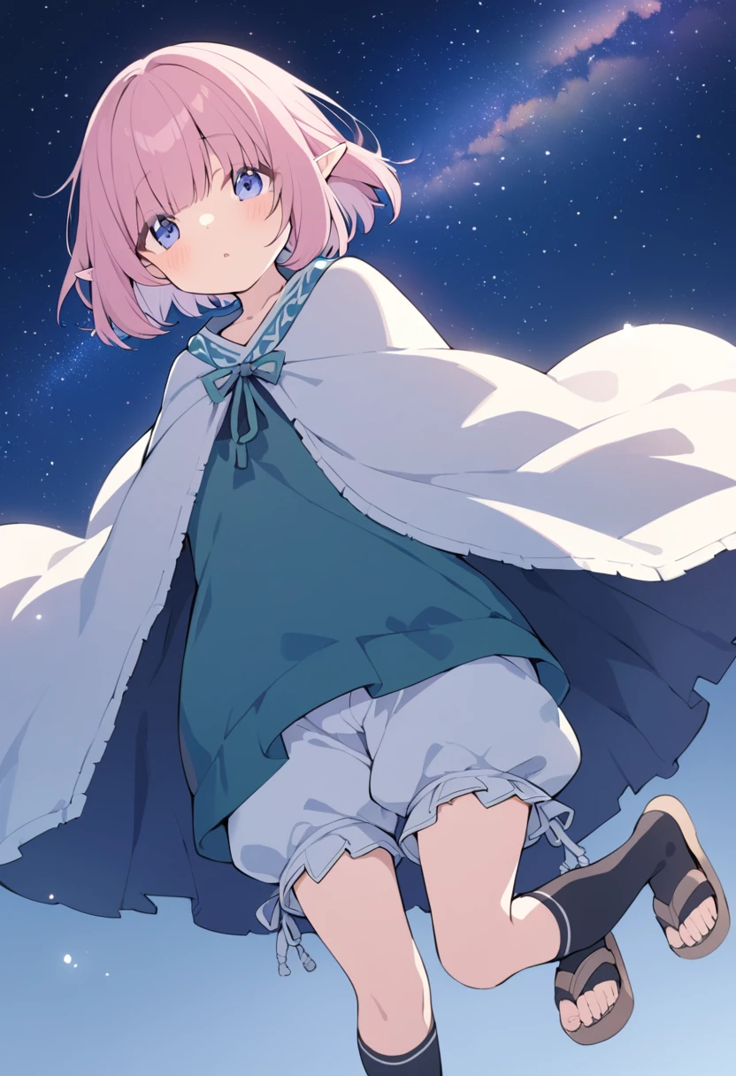BREAK Perfect Anatomy、(High resolution:1.2)、Incredible illustrations、(Cute illustrations:1.2)、
(Beautiful background,starry skies),from below
1 girl((multicolored pink hair,(bangs over eyes), short hair)1girl((a girl,elf 1.5meters, 25kg,18 years old female,
((tunic,poncho,(loose pants,bloomers),thigh-high socks, sandals),tilting head,look up at the milky way