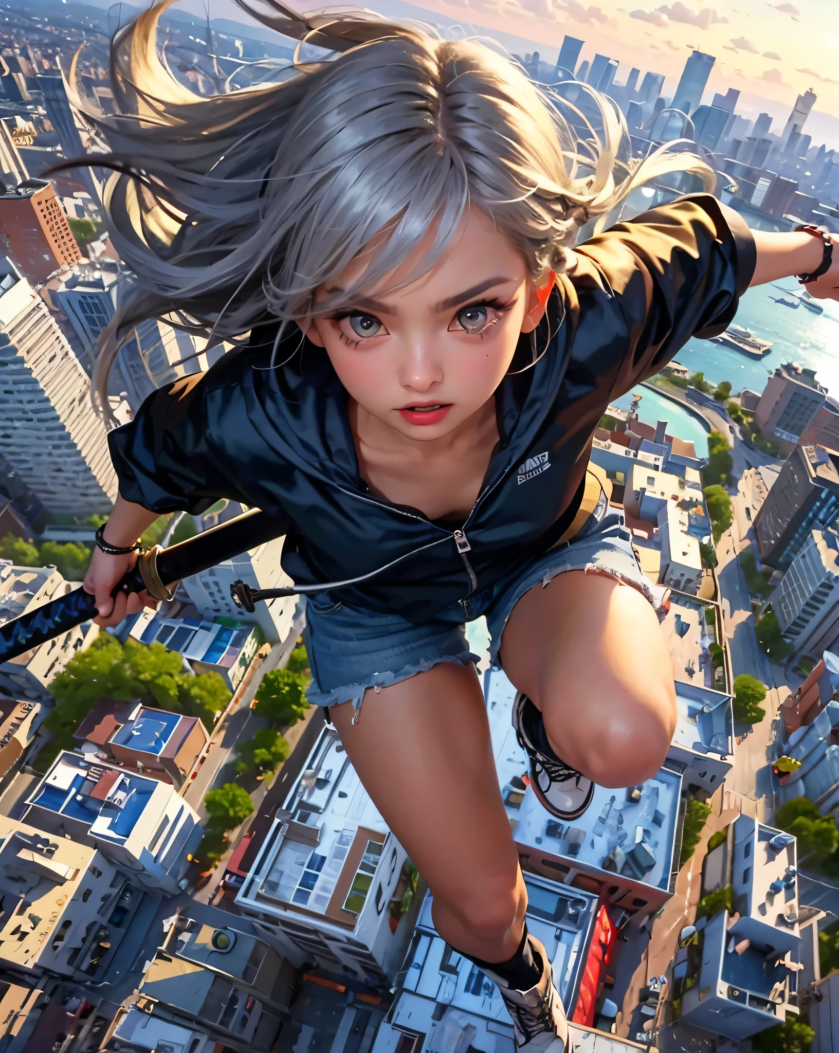 Highest Quality ,Girl jumping up and holding a Japanese sword, camera angle from directly above, looking up at the camera for a bit, with the cityscape in the background looking down at the city from above,Extreme high angle, looking at the camera, girl, slim, small face, big eyes, double eyelids, long eyelashes, eyeshadow, pale red eyes, small nose, peach lips, lip gloss, braid, silver hair, screaming, angry face, off-the-shoulder, shorts, boots, cityscape, stormy