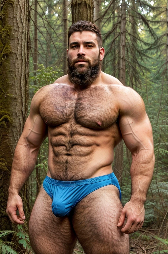 arafed man with a beard and a blue brief in the woods, hairy torso, hairy chest and hairy body, hairy chest, partially male hairy torso, gigachad muscular, hairy body, very hairy bodies, hairy bodies, furry chest, robust stocky body, muscular men, bulging muscles, bare hairy chest, full human hairy body