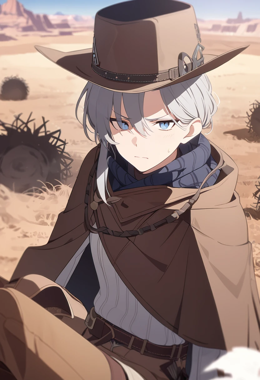 masterpiece,best quality,depth of field,8K,looking at the viewer,Dark and light gray hair,blue eyes,light brown chaps,dark brown poncho,갈색 Ten gallon hat,brown leather jumper,chic,wseifuku,male,sky,frowning,badlands,western frontier,tumbleweed rolling around,sitting,male,(charismatic eyes 1:1)