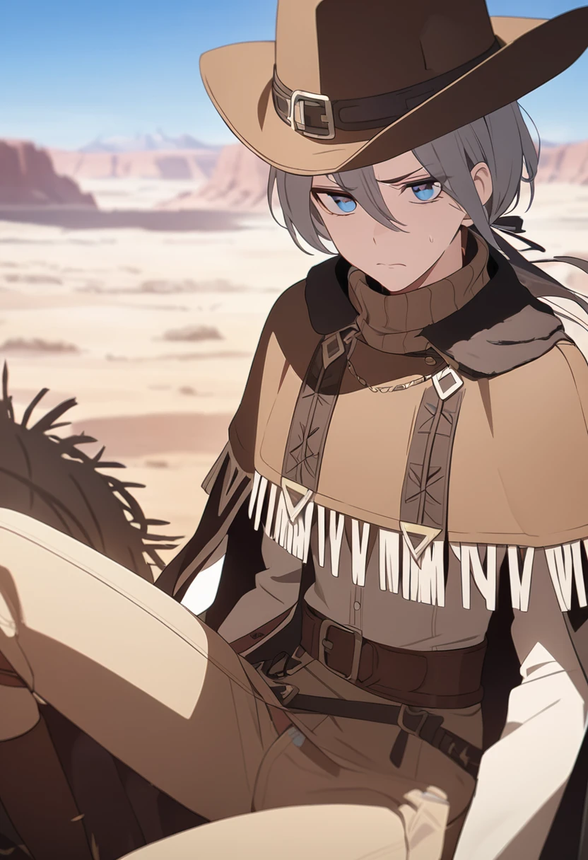 masterpiece,best quality,depth of field,8K,looking at the viewer,Dark and light gray hair,blue eyes,light brown chaps,dark brown poncho,갈색 Ten gallon hat,brown leather jumper,chic,wseifuku,male,sky,frowning,badlands,western frontier,tumbleweed rolling around,sitting,male,(charismatic eyes 1:1)
