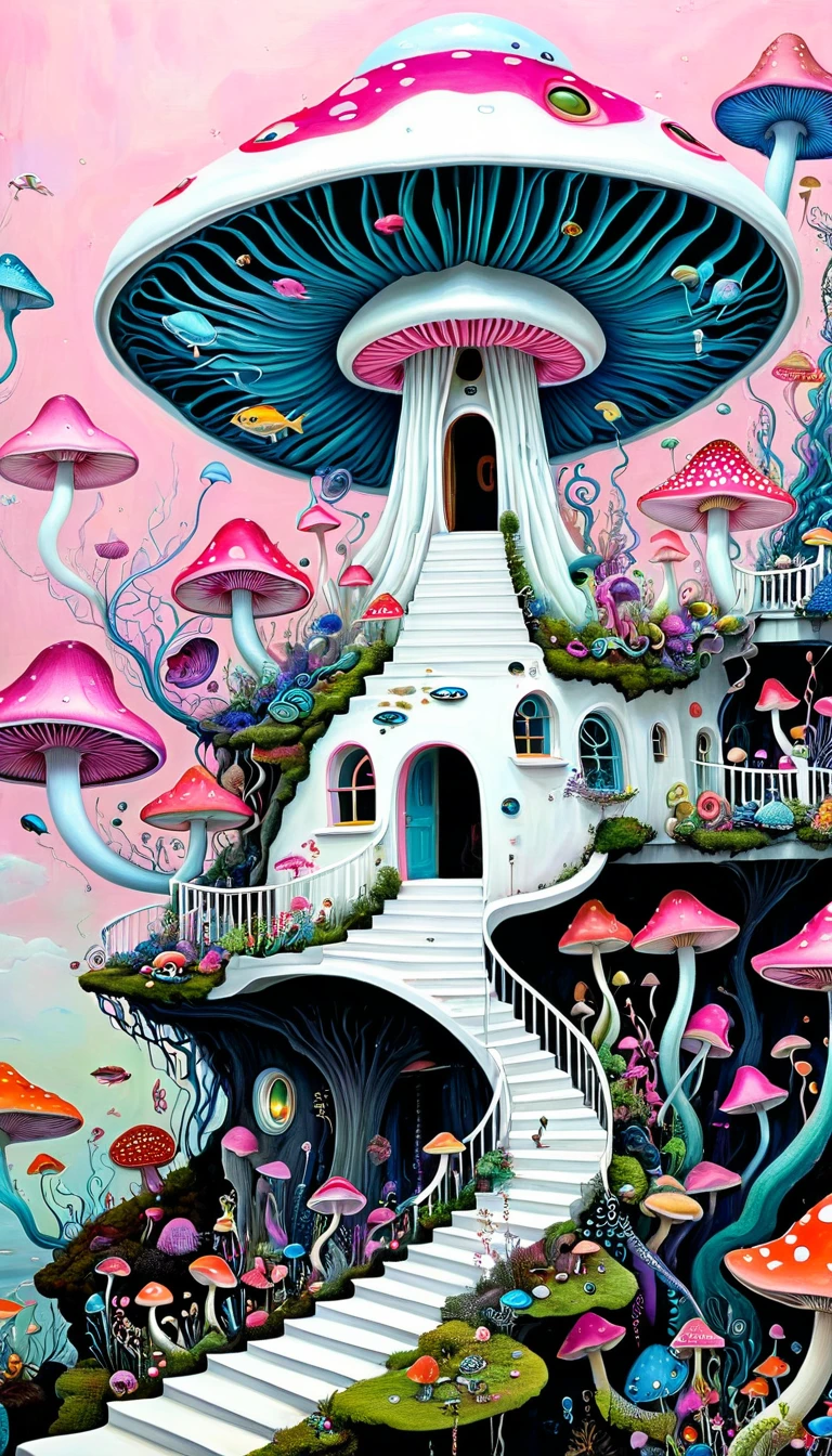 "Dick Ellescas Artist Style",Mushroom UFO,Tentacles瀑布。house、Stairs、fish,Tentacles,bird、Eye、diatom,Stitching together an abstract painting,Describing the inner world of autistic people,Sense of space,White Space,interesting,Innocence,Psychedelic Art,Pink theme