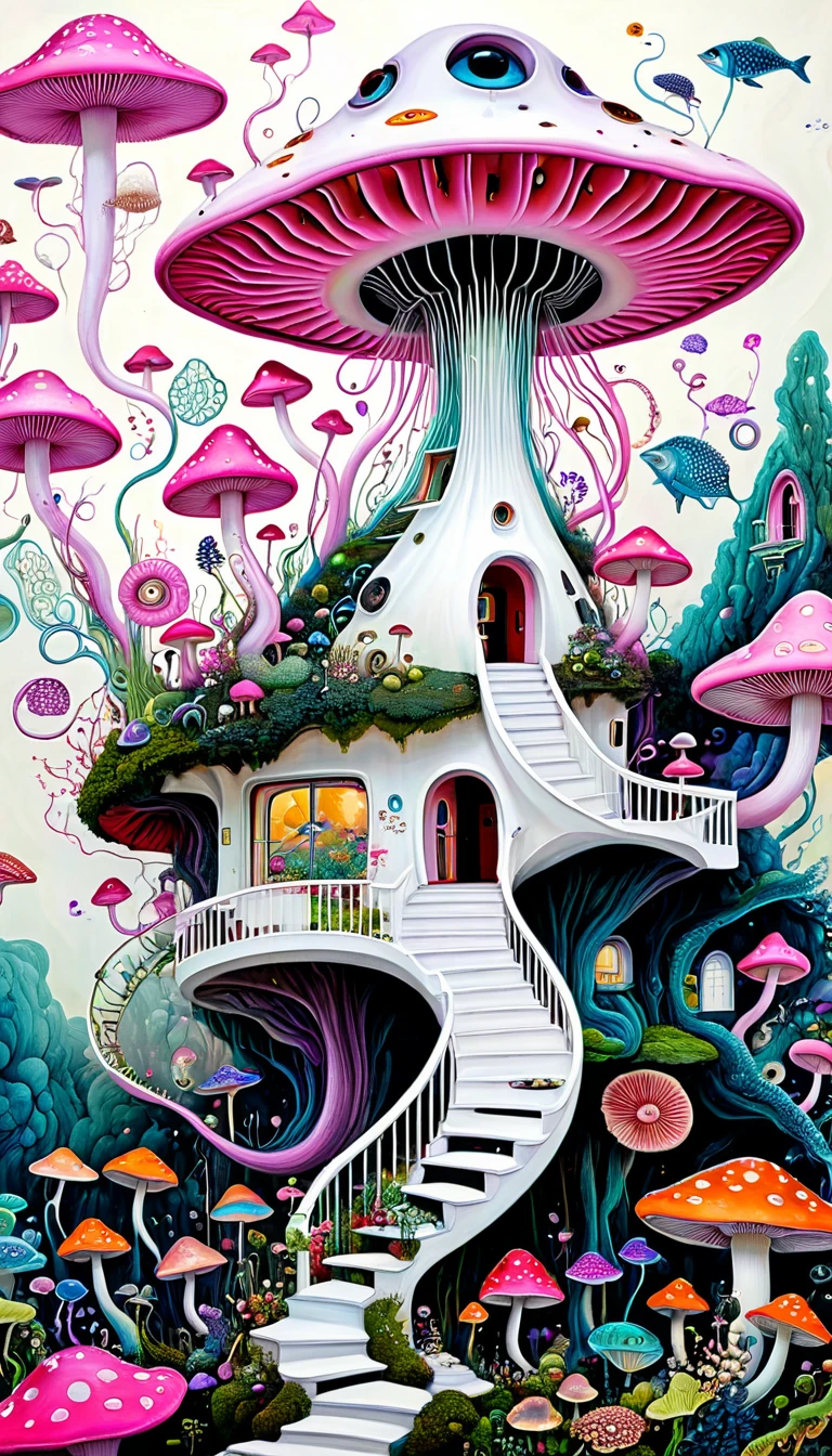 "Dick Ellescas Artist Style",Mushroom UFO,Tentacles瀑布。house、Stairs、fish,Tentacles,bird、Eye、diatom,Stitching together an abstract painting,Describing the inner world of autistic people,Sense of space,White Space,interesting,Innocence,Psychedelic Art,Pink theme