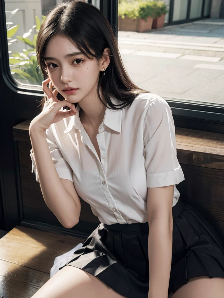 absurdres, RAW photo, extremely delicate and beautiful, masterpiece, Best Quality, ultra high resolution, 32k, hyperrealistic, ultra-detailed, perfect figure, in her 20s, very small head, very small face, delicate facial features, tearful mole, earring, huge breasts, legs, full body shot, medium hair, black hair, sweat, school_uniform,