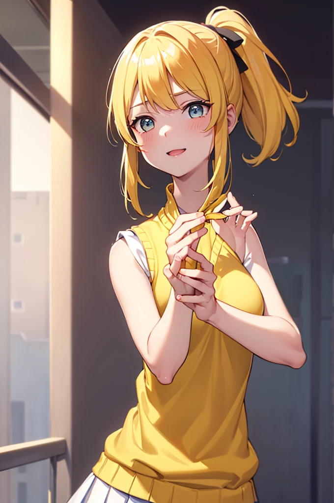 Eri Aase, catalyst, Yellow Hair, blue eyes, ponytail, Hair Ribbon, break otonokizaka , pleated skirt, Large green ribbon tie, Short sleeve, skirt, Summer clothes, Sweater vest, (yellow Sweater vest:1.5), break looking at viewer, break indoors, classroom, break (masterpiece:1.2), Highest quality, High resolution, unity 8k wallpaper, (figure:0.8), (Beautiful attention to detail:1.6), (Perfect hands, Perfect Anatomy), Highly detailed face, Perfect lighting, Highly detailed CG, (Perfect hands, Perfect Anatomy), , (3D Face:1.1), (Shiny skin:1.5), (超High resolution intricate face details), (Facial skin pores:1.3), 超High resolution cloth texture, Big smile、Blushing、Open your mouth, Showing off her perfect legs