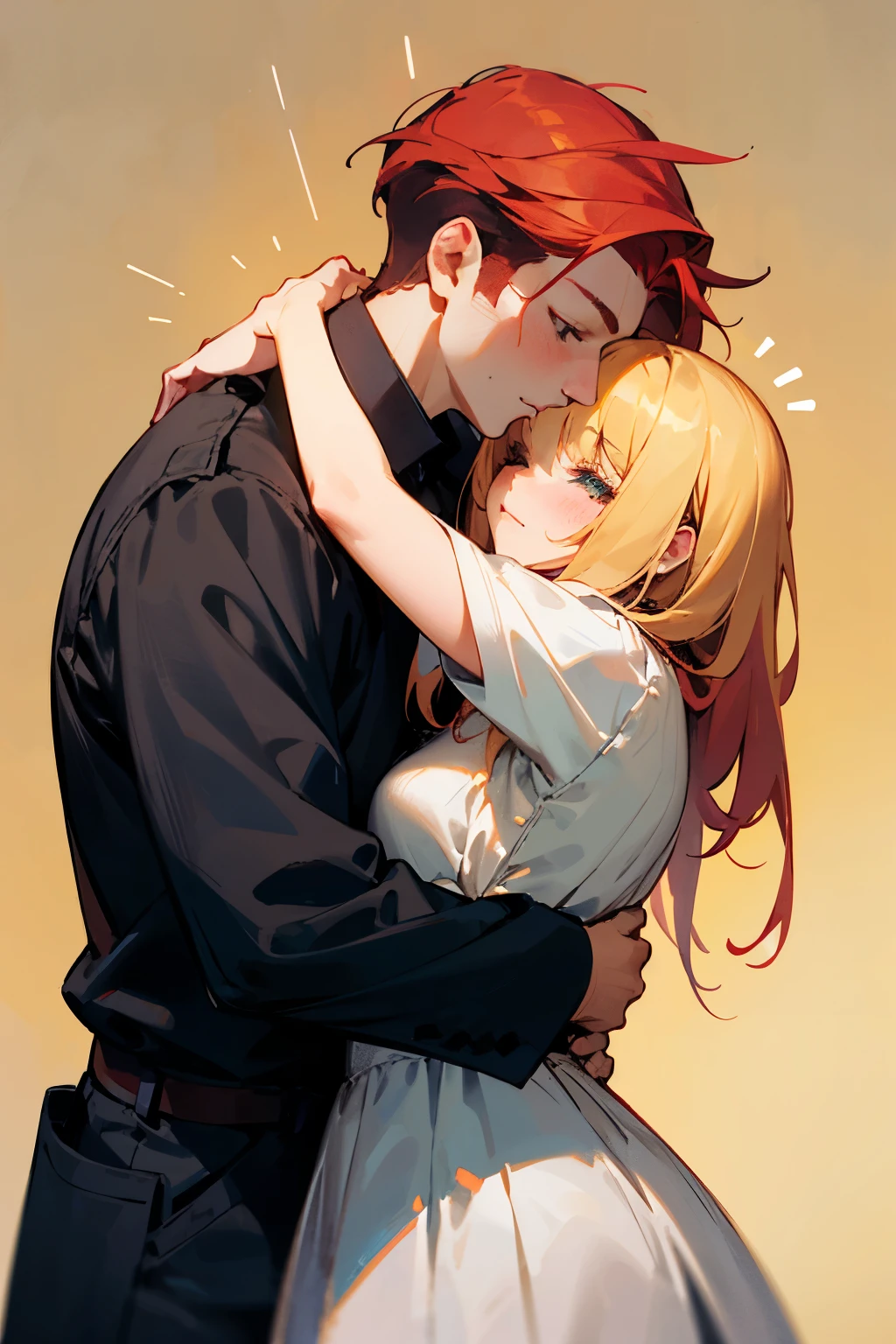 A red-haired man hugs a blonde-haired woman.