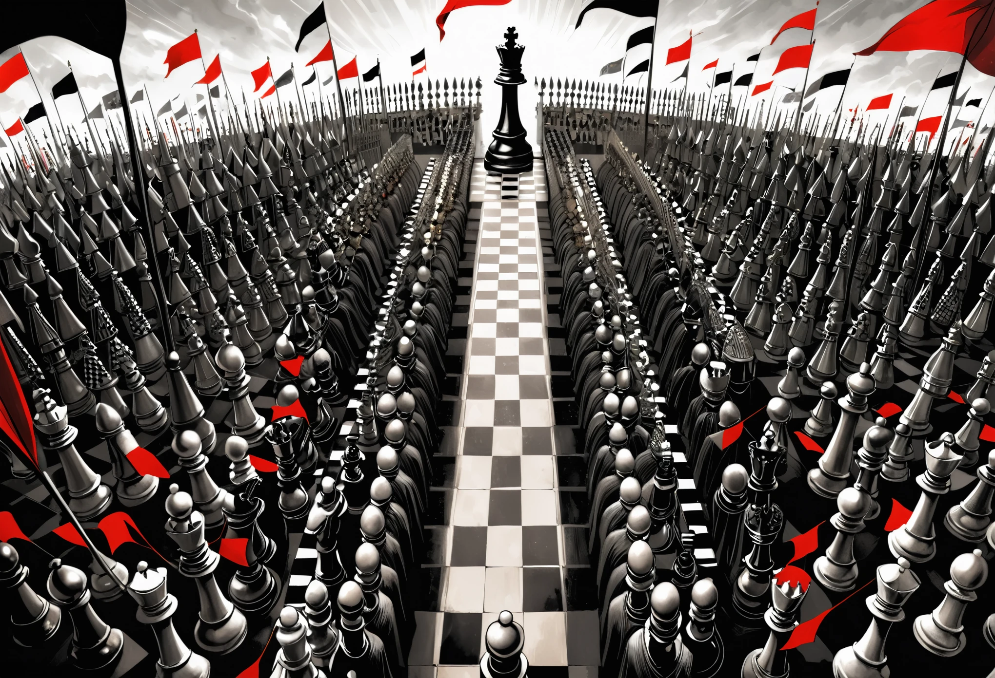 in style of Santiago Caruso,ultra-wide-angle lens,close-up,queen,queen \(chess\)，countless battle flags flew,a neatly arranged procession swayed behind the queen,graphic novels illustration,