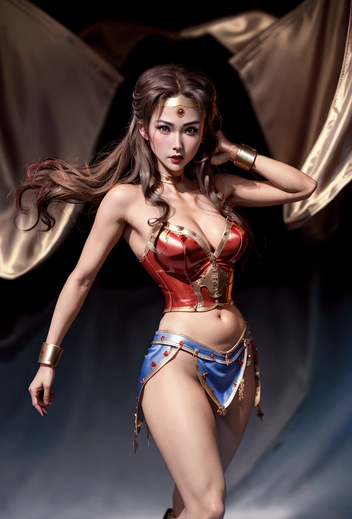 Chun Li in a belly dance dress,Golden boots,。Long blond hair,blue eyes and red lips。 She holds a laser sword, A red veil covers her face