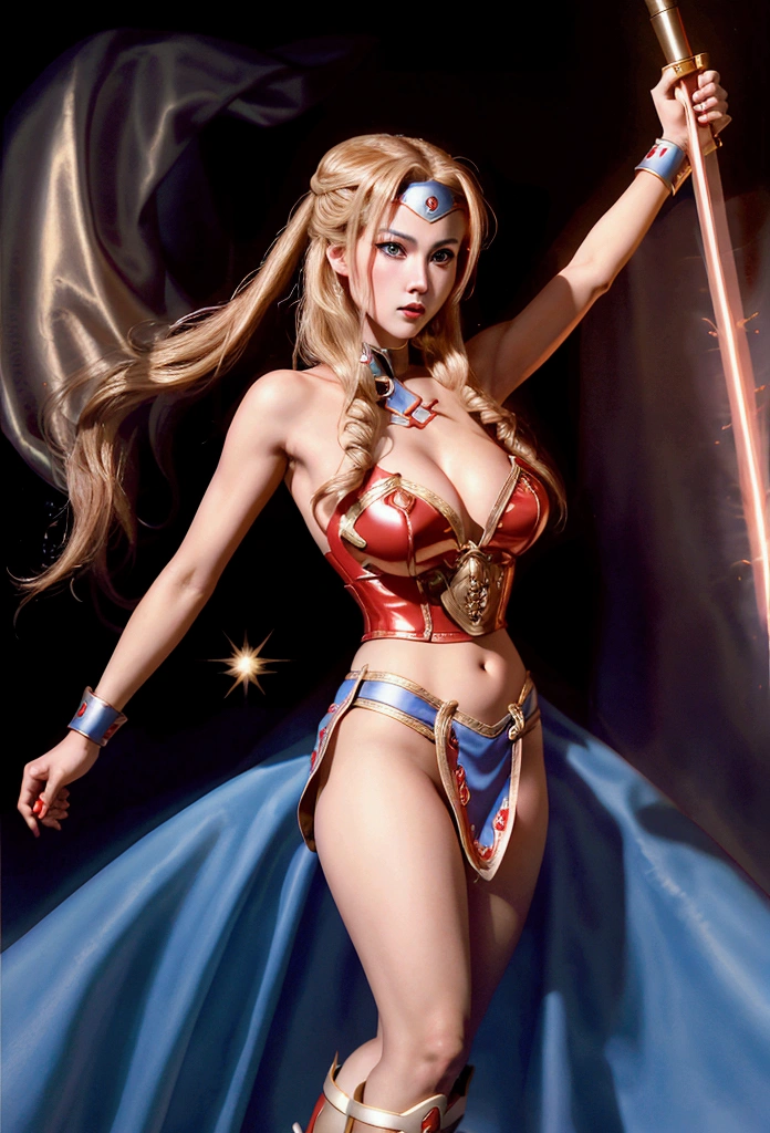 Chun Li in a belly dance dress,Golden boots,。Long blond hair,blue eyes and red lips。 She holds a laser sword, A red veil covers her face