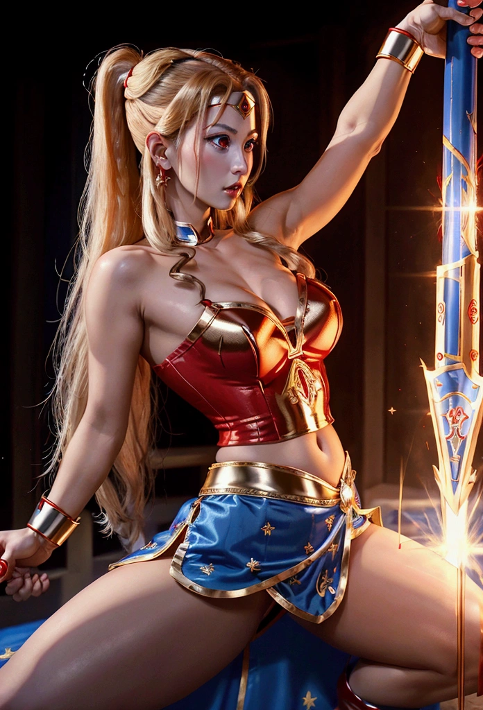 Chun Li in a belly dance dress，Golden boots，。Long blond hair，blue eyes and red lips。 She holds a laser sword， A red veil covers her face



