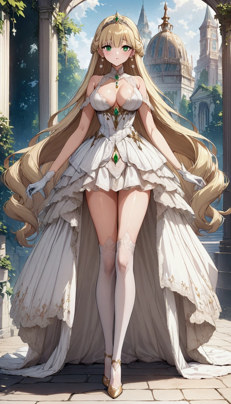 Anime. 1 Girl. Cute girl. Princess. Blonde. Long hair. Wavy hair. Green eyes. Beautiful eyes. Perfect eyes. Expressive eyes. Blind eyes. Blind. Ideal face. . Sitting chest. Beautiful breasts. Ideal anatomical body. Beautiful long legs. Luxurious white dress. White stockings. High heel shoes. White cane. Diadem. Pearl necklace. Neat earrings. White gloves. Standing at full height. She is standing on the street. Stands in the royal garden. Beautiful character design. Shiny skin. Full body. Official
art. Extremely detailed CG Unity 8k wallpaper. Ideal lighting. Ultra high resolution 4K. Super detailed 8K. A high resolution.