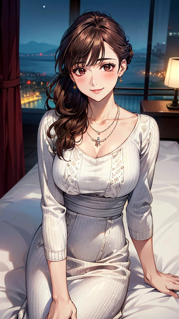 (masterpiece:1.3, Highest quality, Ultra-high resolution, Very detailed), (Realistic, photoRealistic:1.4), Beautiful illustrations, Perfect lighting, colorful, Written boundary depth,
Beautiful detailsまでこだわった髪, Beautifully detailed face, Beautiful details, Beautiful clavicle, Beautiful body, Beautiful big breasts, Beautiful thighs, Beautiful legs, Beautiful fingers,
Show Viewer、Front view:0.6, beauty1人, Japanese, beauty、30 years old, Perfect Face, (Perfect Anatomy, Anatomically correct), Cute and symmetrical face, , , Shiny skin,
(White and red outfit、Knitted Long Dress:1.4)、
(Dark brown hair, Updo Hair:1.4), Dark brown eyes, The body is slim,
necklace、
(Beautiful views), (night), (Hotel room),(bed),Are sleeping、 優しいsmile、(smile, Lips parted),