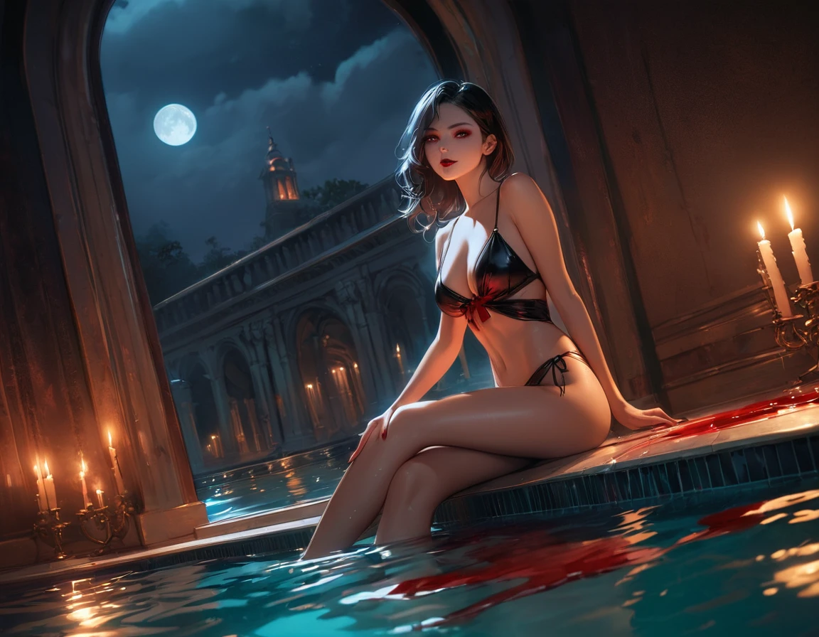 a picture of a female vampire in an infinity pool of blood watching the city at night, (Masterpiece, intense details: 1.5 ), exquisite, dreadful beautiful vampire, long black hair, intense green eyes, evil smile, fangs, busty sitting near a large infinity pool of dark ((red blood: 1.2)) there are  stone steps leading to the pool, lit by candles, elegant pool rim, (falls of blood fill the pool: 1.3), there is a crystal glass of wine near the vampire, she is wearing glamour black bathing suit, high detail, Conceptual art, Realism, cinematic lighting, moon light, reflection light, from side, panorama, ((anatomically correct:1.5))Ultra-Wide Angle, Wide-Angle, award winning, best quality, high quality, high details, highres, vibrant, Ultra-high resolution, High Contrast, (masterpiece:1.5), highest quality, Best aesthetics), best details, best quality, highres, ultra wide angle, 16k, [ultra detailed], masterpiece, best quality, (extremely detailed), Blood_Covered, vampire teeth, Dark Art Painting Style