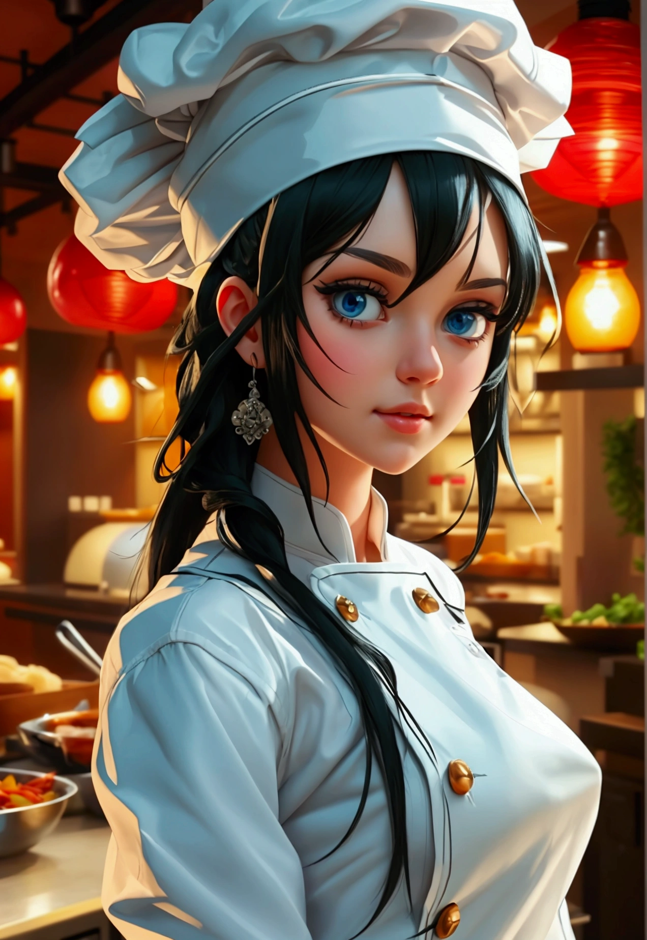 a beautiful girl dressed as a chef dressed as a cook all white, with long black hair [blue eyes,] full body view in 32k in very high resolution