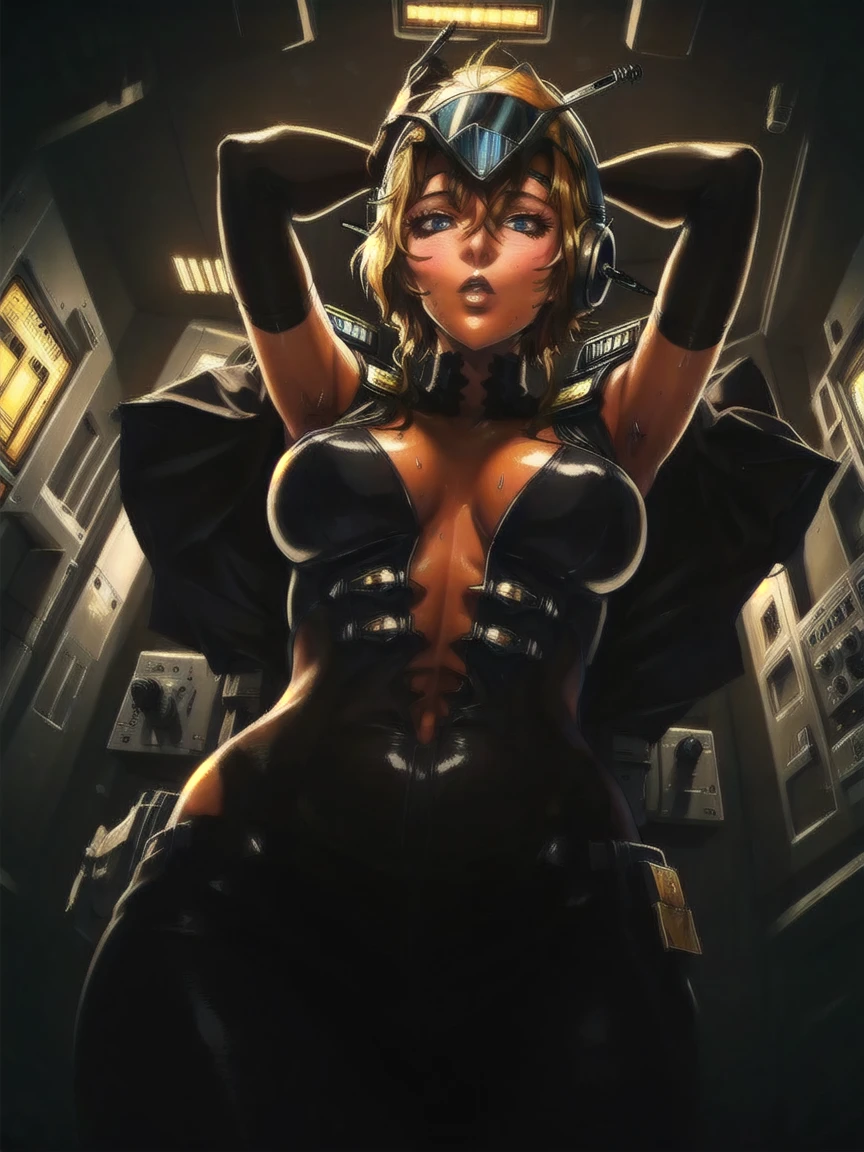 ((gothic vampire piloting in gothic spacecraft)), (((retro anime))), ((from below)), ((120 fov)), ((((gothic)) control panels)), (((mature))), (((gothic))), iridescent bodysuit, ((lace accessories)), ((pilot seat)), ((((lying back)) pose)), ((elegant)), (((serious tone))), ((cockpit top control panel)), intricate control panel details, (close-up), 1990s (style), masterpiece, ((claustrophobic)), best quality, screens, ((pilot helmet)), night, (colorful cockpit lights), sparkles, [blushing], [sweat]