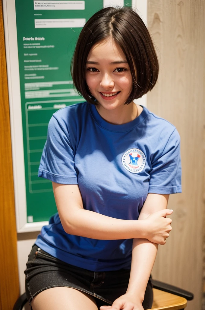 Top quality, 1 beautiful woman, super short Hair, short sleeve, shy smile, at school