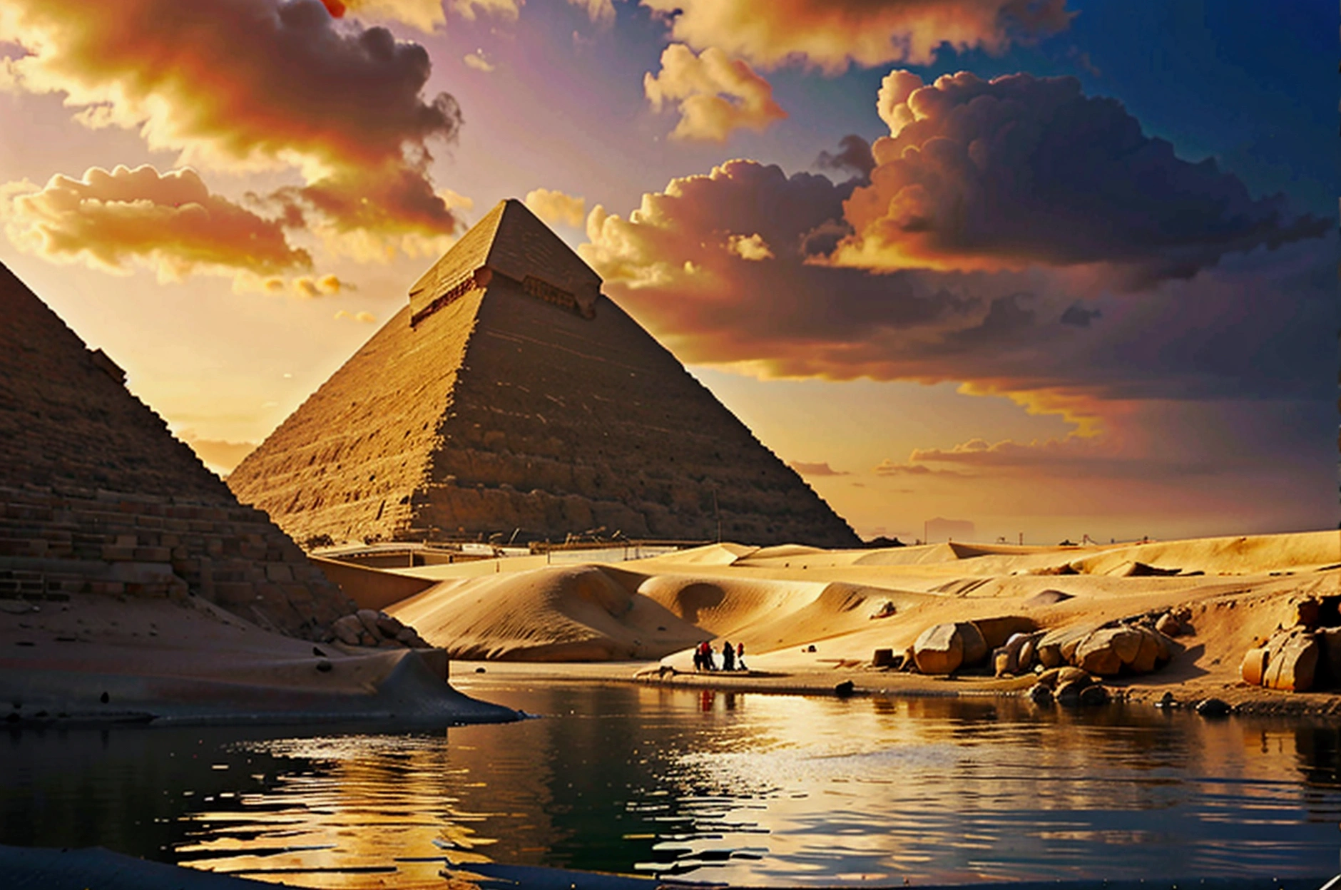 Show images of the Pyramids of Giza and the Nile River.