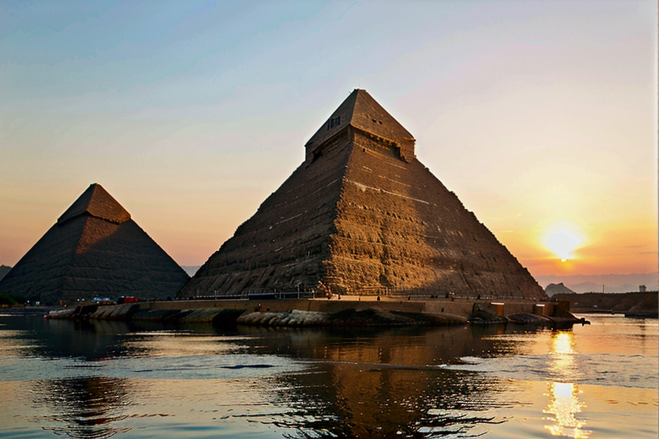 Show images of the Pyramids of Giza and the Nile River.