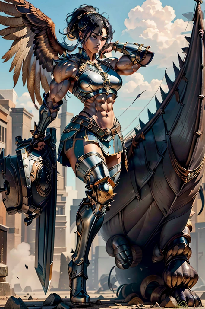 (Best lighting) , (Very intricate details) , 4K Integration, (Super fine CG: 1.2) , (8K: 1.2),(original), (masterpiece) , (Highest quality),(masterpiece:1.4),((Full images))、Photo quality,(masterpiece),masterpiece, Highest quality, Absurd,((Masterpiece, 4K, 8K, High resolution)),(masterpiece), (Highest quality), (Super detailed), (Very delicate and beautiful), ((Full body image 1:1.5)), 1 female, The face of a 40-year-old Western woman、A beautiful, well-balanced face、 ((A woman with a muscular body like a male bodybuilder)),((Huge muscular physique))、((A 200cm tall woman))、Giants Women、((Beautiful woman)),((Woman warrior)),45 year old mature woman, Wearing Valkyrie Metal Armor、((Metal armor that resembles a thick chest and abdominal muscles))、((Metal armor covering the upper body))、mini skirt、Valkyrie's Helmet、Very strong legs、((Long boots with pin heels))、((kneehigh boots))、Has a huge sword、Medieval streetscape,Strength and elegance,Solemn atmosphere,((The Queen's Appearance))、((The Strongest Queen of Mankind))、(Huge muscular physique),((Protruding veins))、((A woman with a toned chest like a male bodybuilder))、Raised trapezius muscle、very thick neck、((Strong arms with bulging biceps))、A muscular chest、Six-pack、((Thick thighs with bulging muscles))、Exposed thighs、((Bicep-like calf muscles))、Overflowing with incredible strength、Muscles bulging out from under the force of force all over the body、Black Hair、ponytail、A commanding presence,Poses that show off their monstrous power,Model standing、Standing with dignity、Vibrant colors,Down to the smallest thread,Impressive level textures,Sharp focus,((A strong Valkyrie captain)),((A powerful Valkyrie captain)),