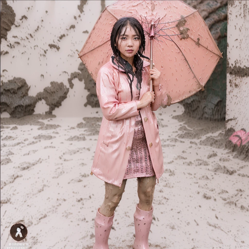 asian lady holding umbrella, cute pose, pink buttoned raincoat, tall pink rain boots, ((((dripping in mud)))), intricate details, highly detailed, masterpiece, 8k, photorealistic, cinematic lighting, vibrant colors, soft focus, elegant, feminine, beautiful, serene, graceful
