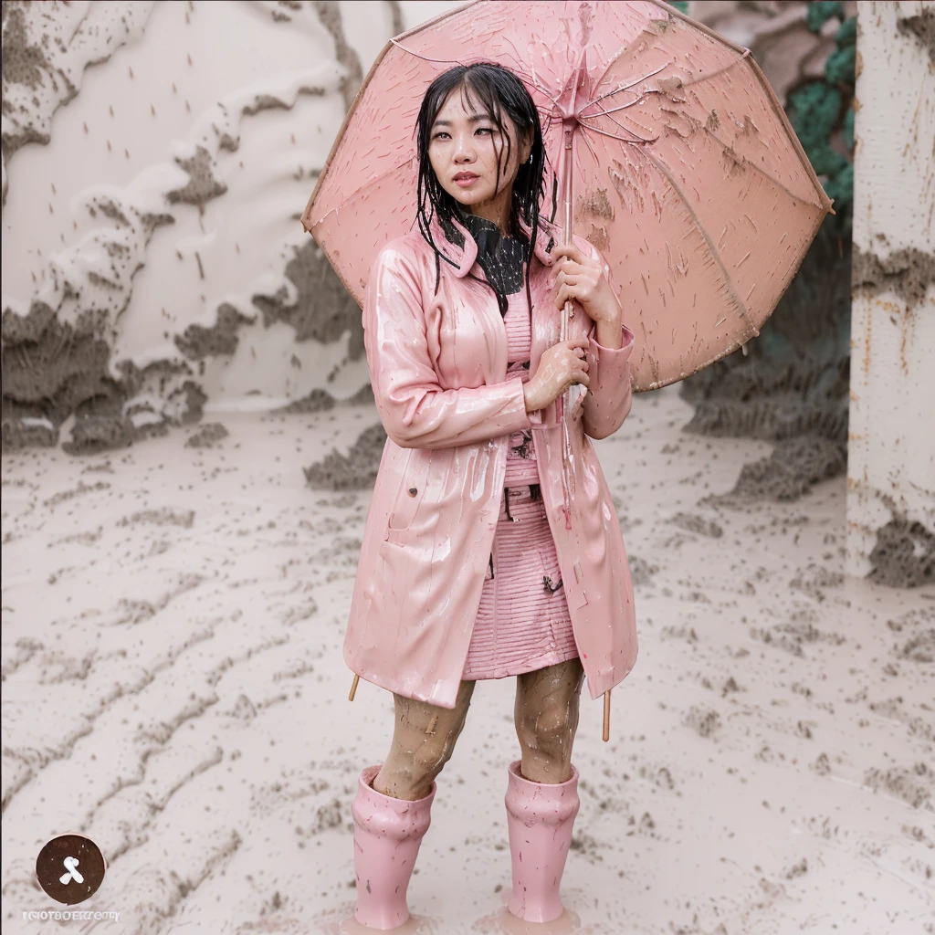 asian lady holding umbrella, cute pose, pink buttoned raincoat, tall pink rain boots, ((((dripping in mud)))), intricate details, highly detailed, masterpiece, 8k, photorealistic, cinematic lighting, vibrant colors, soft focus, elegant, feminine, beautiful, serene, graceful