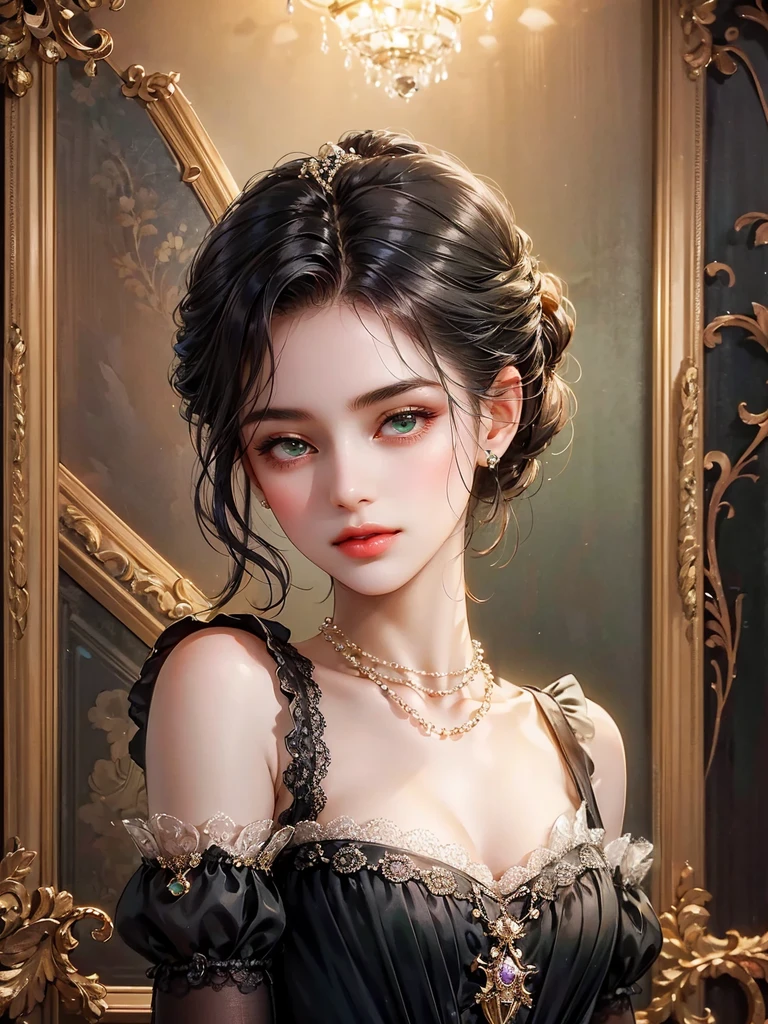 Repainting the dress. She wears a low-cut dress. She wears a dress from the Victorian era with two black lace shoulder straps.