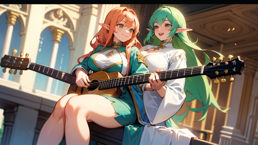 Thick thighs,Anime Style,A detailed background with many people,Magical World,A lively balcony with many people,Smiling bard beautiful elf girl,guitar,Large Breasts