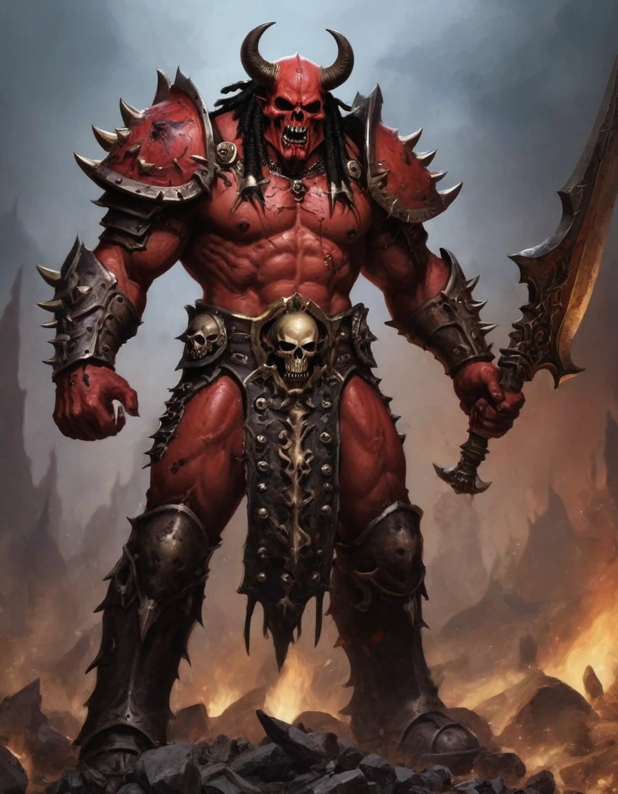 1 angron, butchers nails, dreaded hair, dreads, full body, khorne, Khorne_World, berzerker, red armor, faceless, demon berserker, chaos marine, hyper detailed, angry, clawed hands, blood on clothes, blood on helmet, fangs, stout limbs, demon wings, flying, devil, skulls, chains, spikes, skull pauldron, torn clothes, brass trimming, chaos, warhammer fantasy art,