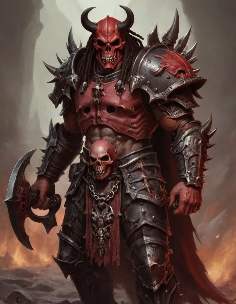 1 angron, butchers nails, dreaded hair, dreads, full body, khorne, Khorne_World, berzerker, red armor, faceless, demon berserker, chaos marine, hyper detailed, angry, clawed hands, blood on clothes, blood on helmet, fangs, stout limbs, demon wings, flying, devil, skulls, chains, spikes, skull pauldron, torn clothes, brass trimming, chaos, warhammer fantasy art,