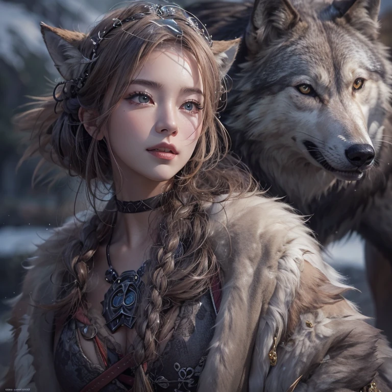 Lakeside surrounded by snowy mountains、Hair flow、 ((Highest quality、masterpiece、8K、Best image quality、Ultra-high resolution、Award-winning works)、(Accurate anatomy:1.1)、(Look at me and smile:1.1)、Shining fair skin with Ultra-high resolution、The most detailed face、Ultra-high resolution detailed face、Ultra-high resolutionの髪の毛、(Ultra-high resolutionの煌めく瞳:1.1)、Beautiful face drawn in every detail、Ancient Viking clothing, Chest to chest, tattoo, A real wolf is by your side