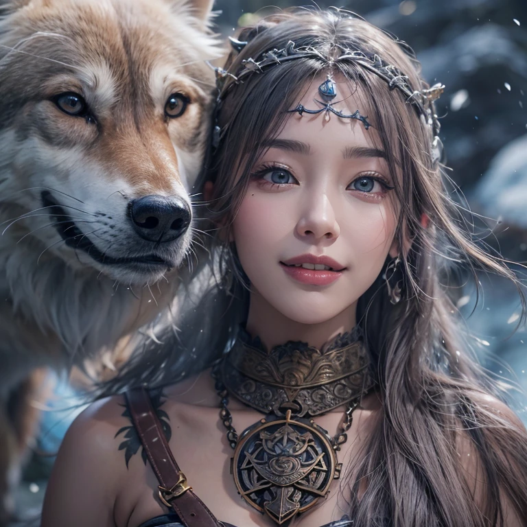 Lakeside surrounded by snowy mountains、Hair flow、 ((Highest quality、masterpiece、8K、Best image quality、Ultra-high resolution、Award-winning works)、(Accurate anatomy:1.1)、(Look at me and smile:1.1)、Shining fair skin with Ultra-high resolution、The most detailed face、Ultra-high resolution detailed face、Ultra-high resolutionの髪の毛、(Ultra-high resolutionの煌めく瞳:1.1)、Beautiful face drawn in every detail、Ancient Viking clothing, Chest to chest, tattoo, A real wolf is by your side