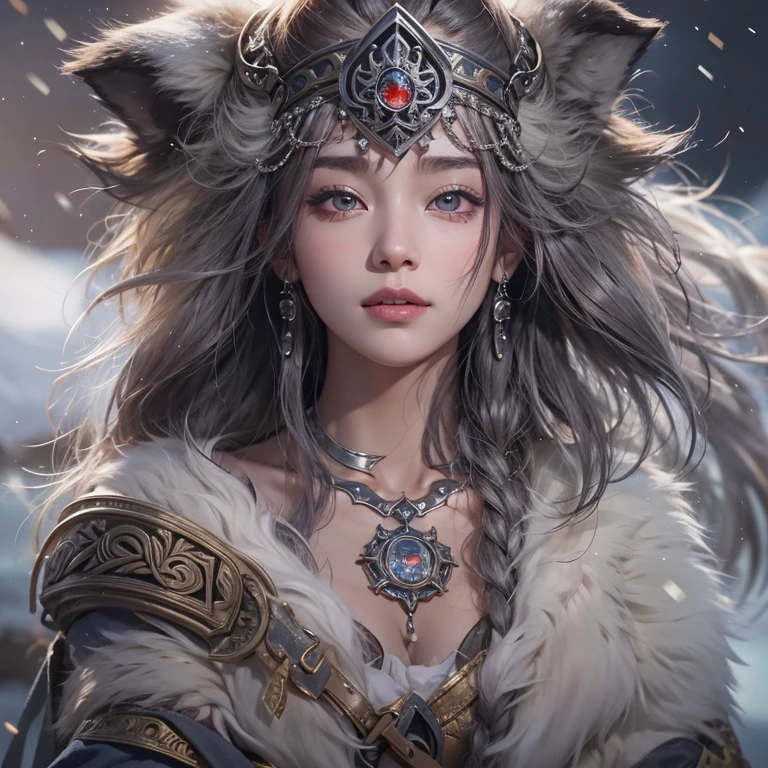 Lakeside surrounded by snowy mountains、Hair flow、 ((Highest quality、masterpiece、8K、Best image quality、Ultra-high resolution、Award-winning works)、(Accurate anatomy:1.1)、(Look at me and smile:1.1)、Shining fair skin with Ultra-high resolution、The most detailed face、Ultra-high resolution detailed face、Ultra-high resolutionの髪の毛、(Ultra-high resolutionの煌めく瞳:1.1)、Beautiful face drawn in every detail、Ancient Viking clothing, Chest to chest, tattoo, A real wolf is by your side
