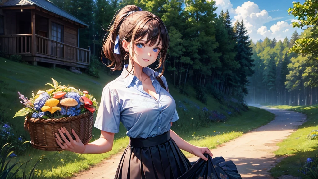 1girl, solo, full body, rural landscape, village, trees, sun, clouds, fantasy, brown hair, ponytail, large breasts, button down shirt, ((floral pattern shirt)), ((short sleeved shirt)), ((unbuttoned shirt)), unbuttoning buttons, cleavage 1:3, blue eyes, dark skirt, smile, looking at the viewer, standing, hair ribbon, golden necklate