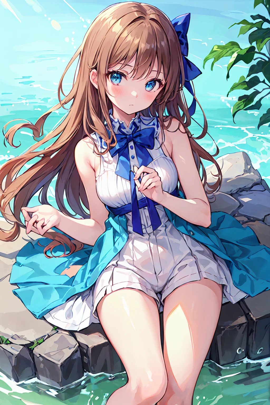 ((Highest quality, masterpiece)), Very delicate and beautiful, bright, cowboy_shot, from_Down, girl, woman, woman, young, 20-year-old, Long Hair, Princess Cut,  Shortcuts, Light brown hair, Delicate face, blush, Beautiful eyes in every detail, Small breasts, Beautiful feet，Thighs, greenの目, White skin, green_bow, Sleeveless_dress, Sleeveless, Shorts, just_feet, White clothes,  greenの美しい庭園, Very beautiful detailed water,Clear air，Down着見え
