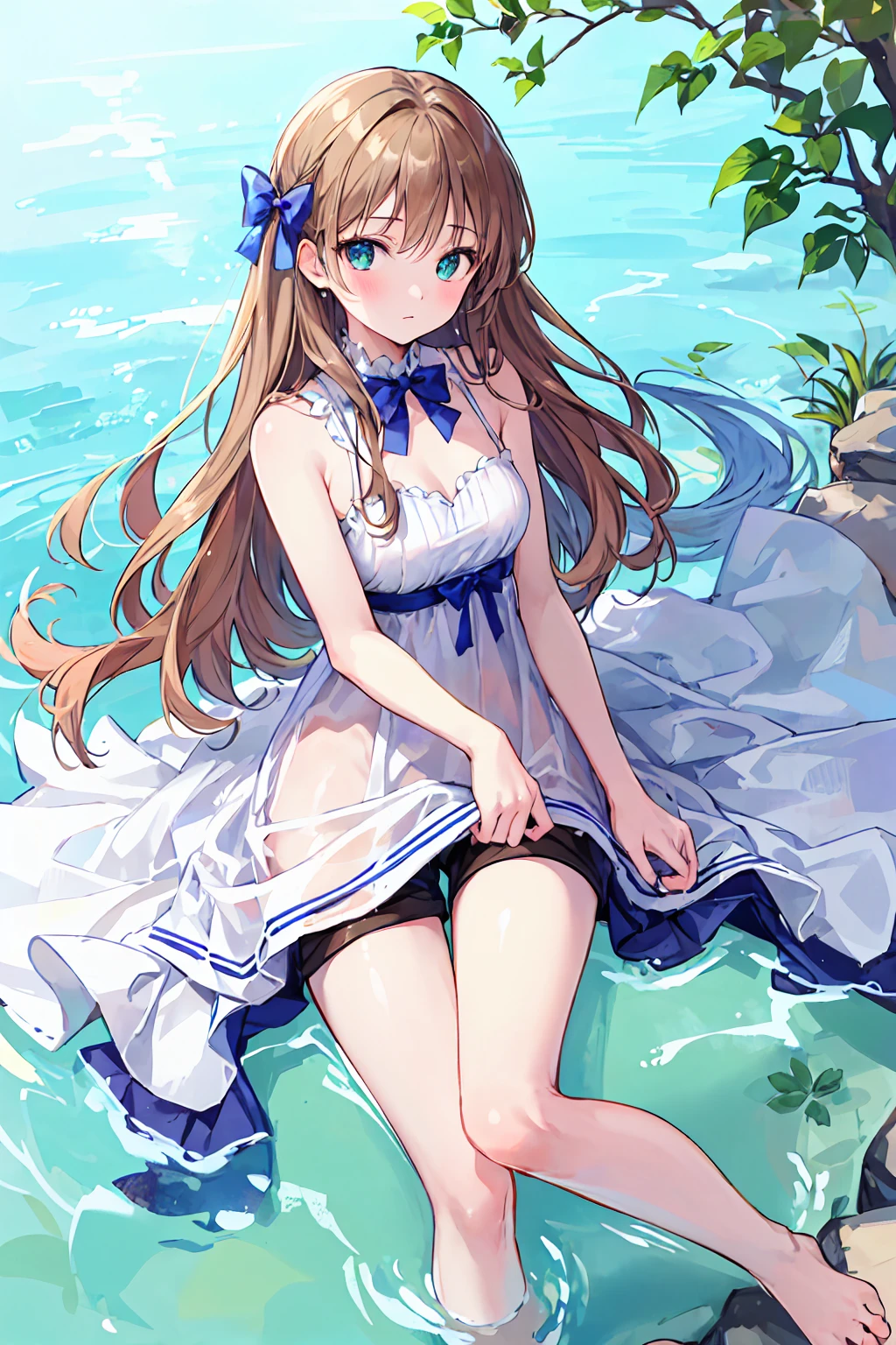 ((Highest quality, masterpiece)), Very delicate and beautiful, bright, cowboy_shot, from_Down, girl, woman, woman, young, 20-year-old, Long Hair, Princess Cut, Shortcuts, Light brown hair, Delicate face, blush, Beautiful eyes in every detail, Small breasts, Beautiful feet,Thighs, greenの目, White skin, green_bow, Sleeveless_dress, Sleeveless, Shorts, just_feet, White clothes, greenの美しい庭園, Very beautiful detailed water,Clear air,Down着見え
