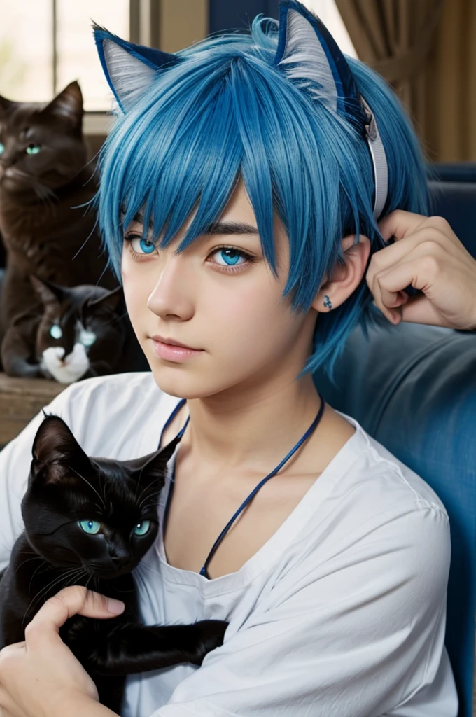 Anime boy blue hair blue jachet brown eyes. Cat ears. Surrounded by cats