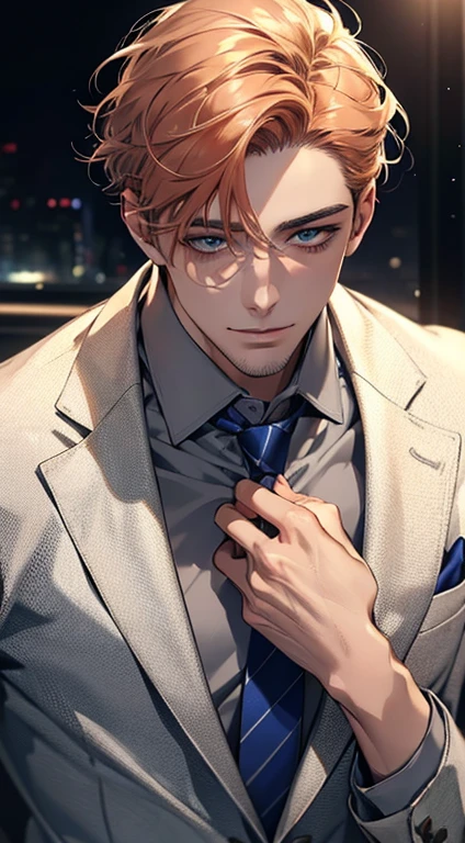 (Highest quality,4K,8K,High resolution,masterpiece:1.2),Super detailed,(Realistic,photoRealistic,photo-Realistic:1.37),1 person,31 years old,Mature Men,Beautiful skin, very handsome,Expressionless,smile in love,Short gray orange hair,blue eyes,Sharp Eyes,A perfect face without a doubt,Businessman, CEO,Office Background,Cinema Lighting,HDR image,tie、