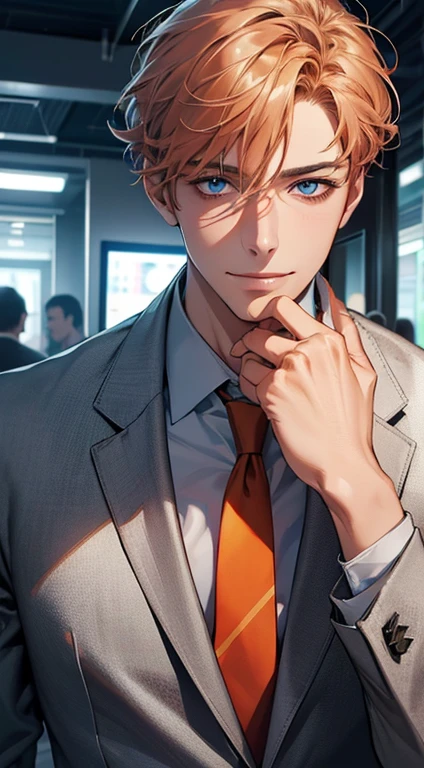 (Highest quality,4K,8K,High resolution,masterpiece:1.2),Super detailed,(Realistic,photoRealistic,photo-Realistic:1.37),1 person,31 years old,Mature Men,Beautiful skin, very handsome,Expressionless,smile in love,Short gray orange hair,blue eyes,Sharp Eyes,A perfect face without a doubt,Businessman, CEO,Office Background,Cinema Lighting,HDR image,tie、