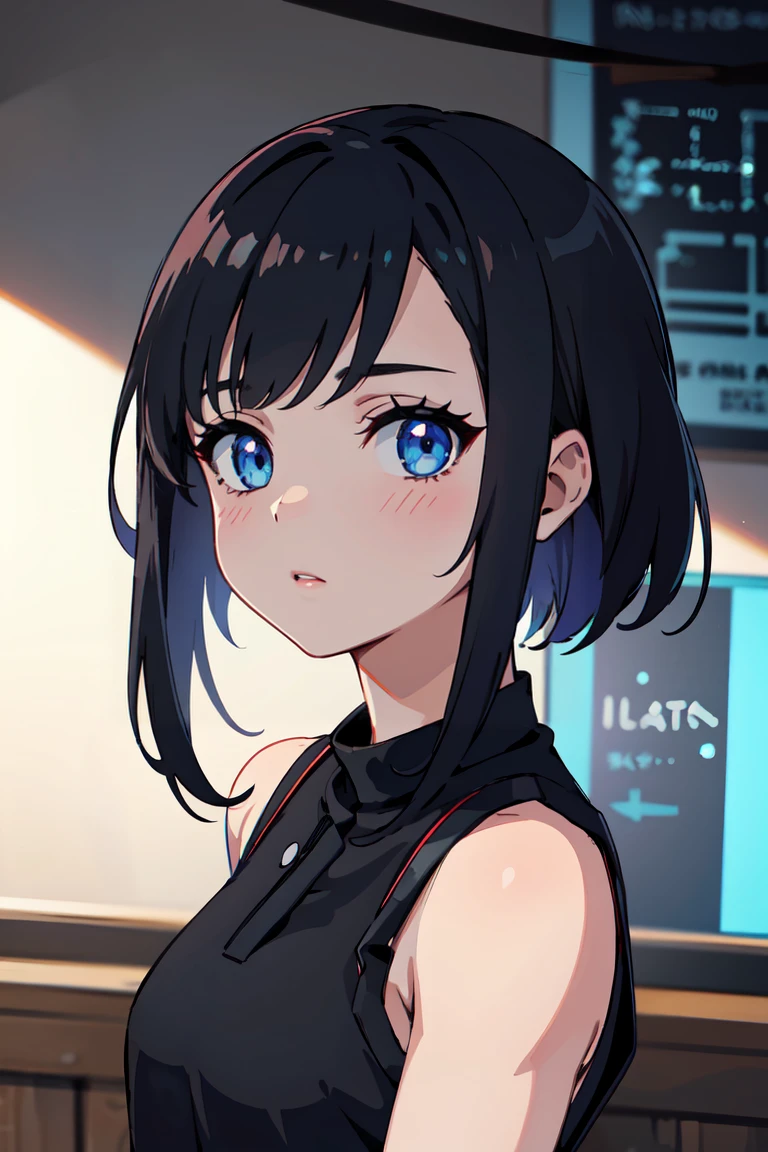 masterpiece, Highest quality, Highly detailed background, Perfect lighting, Highest quality, (Highly detailed face), Volumetric lighting, Intricate details, Shadow, Tone Mapping, Sharp focus, Super detailed, Trending on Art Station, (alone) ((Looking at the audience)), ((Character portrait)) .Girl with medium black hair. blue eyes. Curvy. blush, Transparent muscle. whole body. ((black, Goth, casual, Clothes)) Gothic dressed