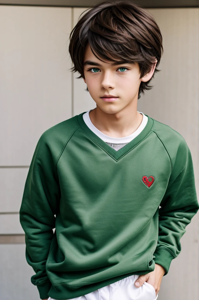 An anime style boy with dark brown hair, emerald green eyes with a red sweatshirt that is white on the chest