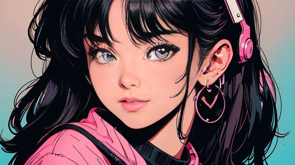 lofi, Battle DJ girl in HIPHOP fashion wearing DJ headphones, High resolution,Super detailed,Realistic,Portraiture,White women,18-year-old,Black Hair, bangs,Hazel Iris,Toned Up,Physically slim,Realistic proportions,Anatomically correct,university student,smile, Pink Cheeks; Intimate distance,Dark soft lighting,hiphop girl,Neon Hair,Textured Trim, (masterpiece,Highest quality),
